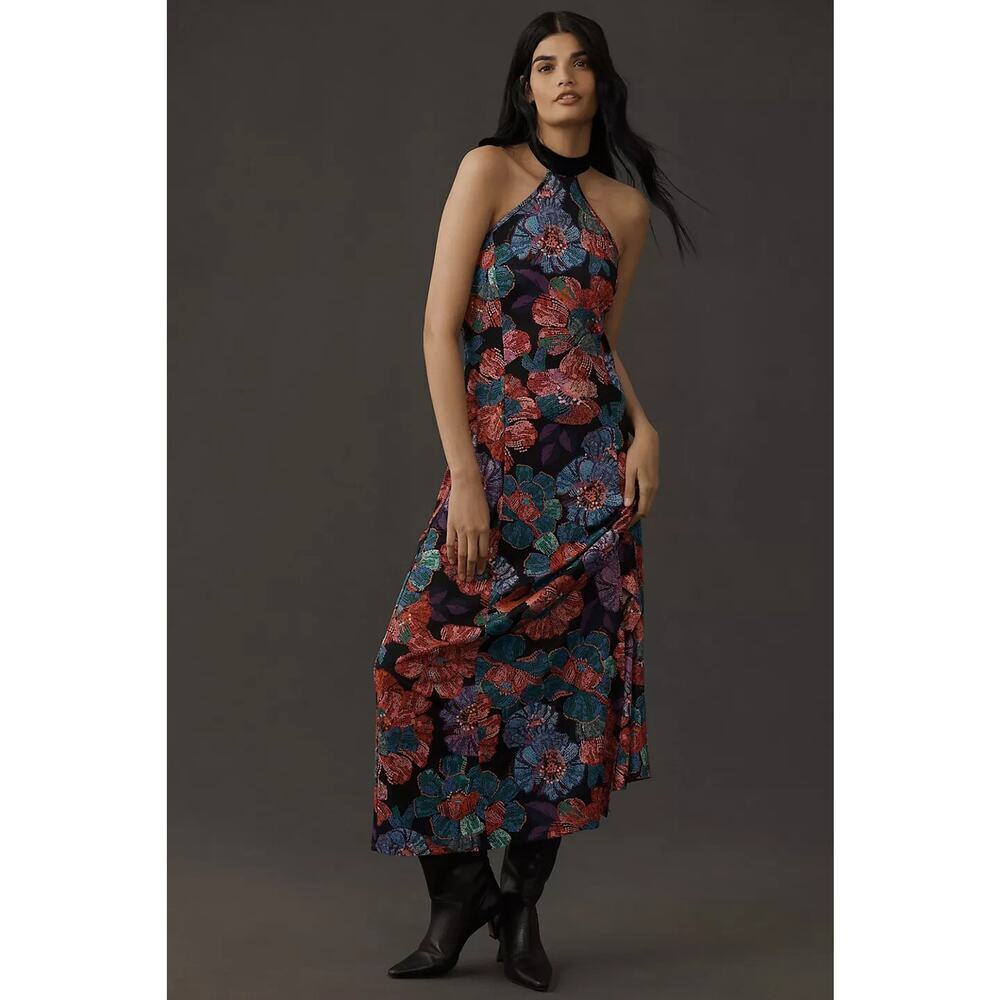 NWT Anthropologie Farm Rio Sleeveless Halter Bow Floral Maxi Dress Sz XS #NA438